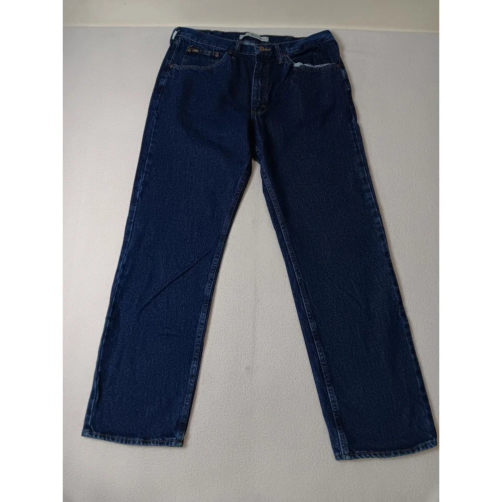 Lee Mens Regular Fit Straight Jeans Blue Dark Wash Denim 36x32 Classic Logo - Picture 1 of 5